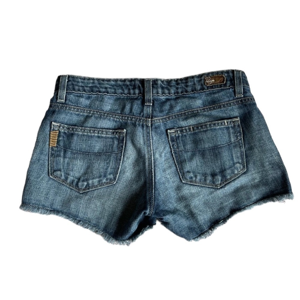 PAIGE Medium Wash Cut Off Raw Hem Jeans Shorts